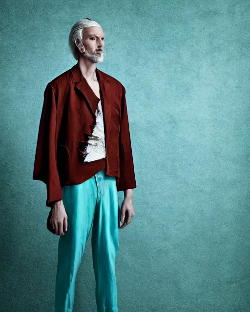 Prompt: an award - winning photo of an ancient male model wearing a plain cropped baggy teal distressed pirate designer menswear cloth jacket designed by alexander mcqueen, 4 k, studio lighting, wide angle lens