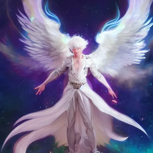 Image similar to harmony of white haired angel yoongi wearing greek clothes, muted colors, nebula background, neon sparkles everywhere, big wings, dynamic hair movement, + + + + dynamic pose, holographic space, glowing effect, j. c leyendecker, by alan lee, wlop! illustrated by starember, fantasy art by craig mullins