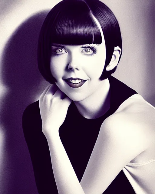 Prompt: colleen moore 2 5 years old, bob haircut, portrait casting long shadows, resting head on hands, by ross tran