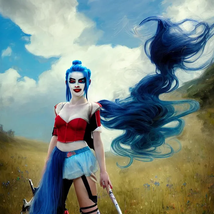 Image similar to portrait of a combination of Ashley Greene, Adriana Dxim, Grace Kelly and Lily Collins with blue hair as Harley Quinn, countryside, calm, fantasy character portrait, dynamic pose, above view, sunny day, thunder clouds in the sky, artwork by Jeremy Lipkin and Giuseppe Dangelico Pino and Michael Garmash and Rob Rey and Greg Manchess and Huang Guangjian, very coherent asymmetrical artwork, sharp edges, perfect face, simple form, 100mm