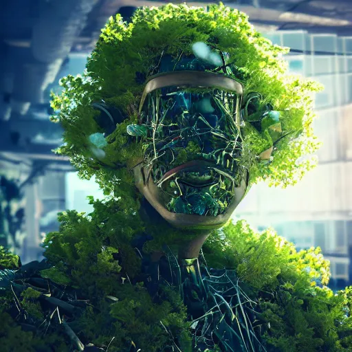 Image similar to beautiful overgrown foliage taking over an ( beautiful abandoned human - shaped robot body laying on the ground ), close - up, 3 5 mm, biopunk, bokeh, beautiful, lens flare, emotional, sweet, flowers, detailed, picture, trending on artstation, award - winning, shiny, golden, angle view, octane render