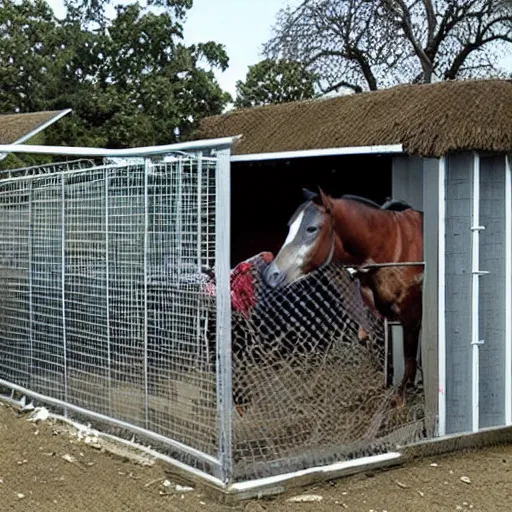 Prompt: horse shelter breaks into small pieces