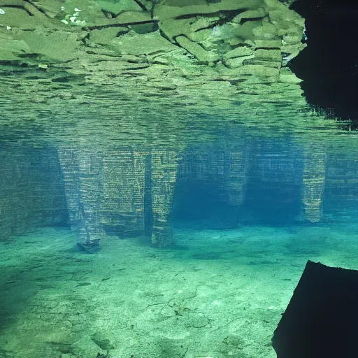 Prompt: cenotes with big, geometric, smooth, square block protruding from the shallow water