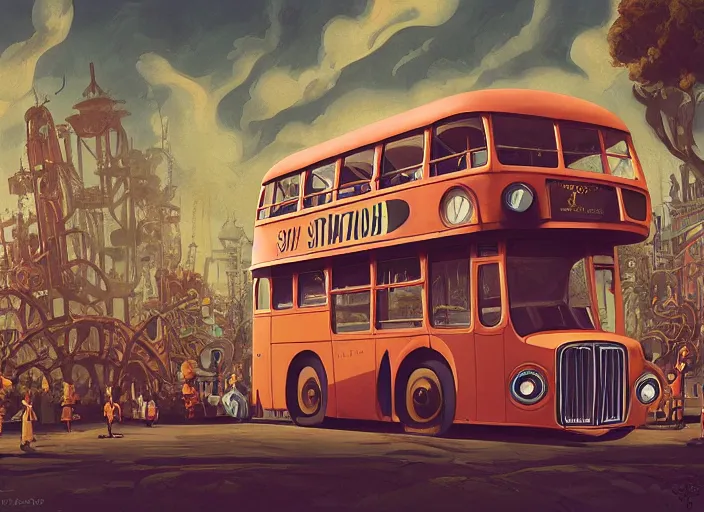 Prompt: matte sharp painting, a steampunk double decker bus, juxtapoz, artforum, gary baseman, preston blair, tex avery, dan mumford, pedro correa