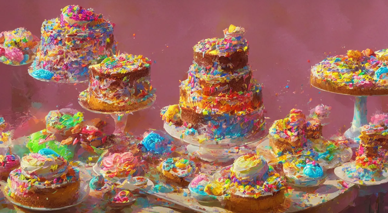 Image similar to a colorful digital painting of a cake with lots of sweets on it, by greg rutkowski and james gurney, trending on artstation