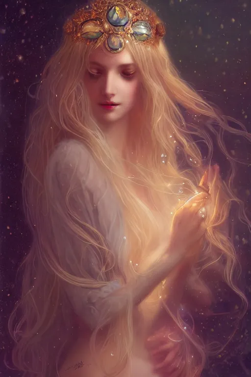 Image similar to Nocturne, glowing, stars, beautiful sly fae bohemian girl, long blonde hair, tiara, highly detailed, mysterious, ethereal, sigils, haute couture, illustration, dramatic lighting, soft details, painting, by Edmund Blair Leighton, Brom, Charlie Bowater, trending on artstation, faces by otto schmidt