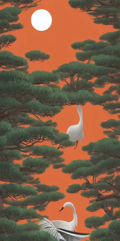 Prompt: a portrait of japanese crane walking into a forest of japanese pines, by range murata, a big red sun in the background, front game card, vector line art, trending on pixiv, anime concept art, stunning, matte