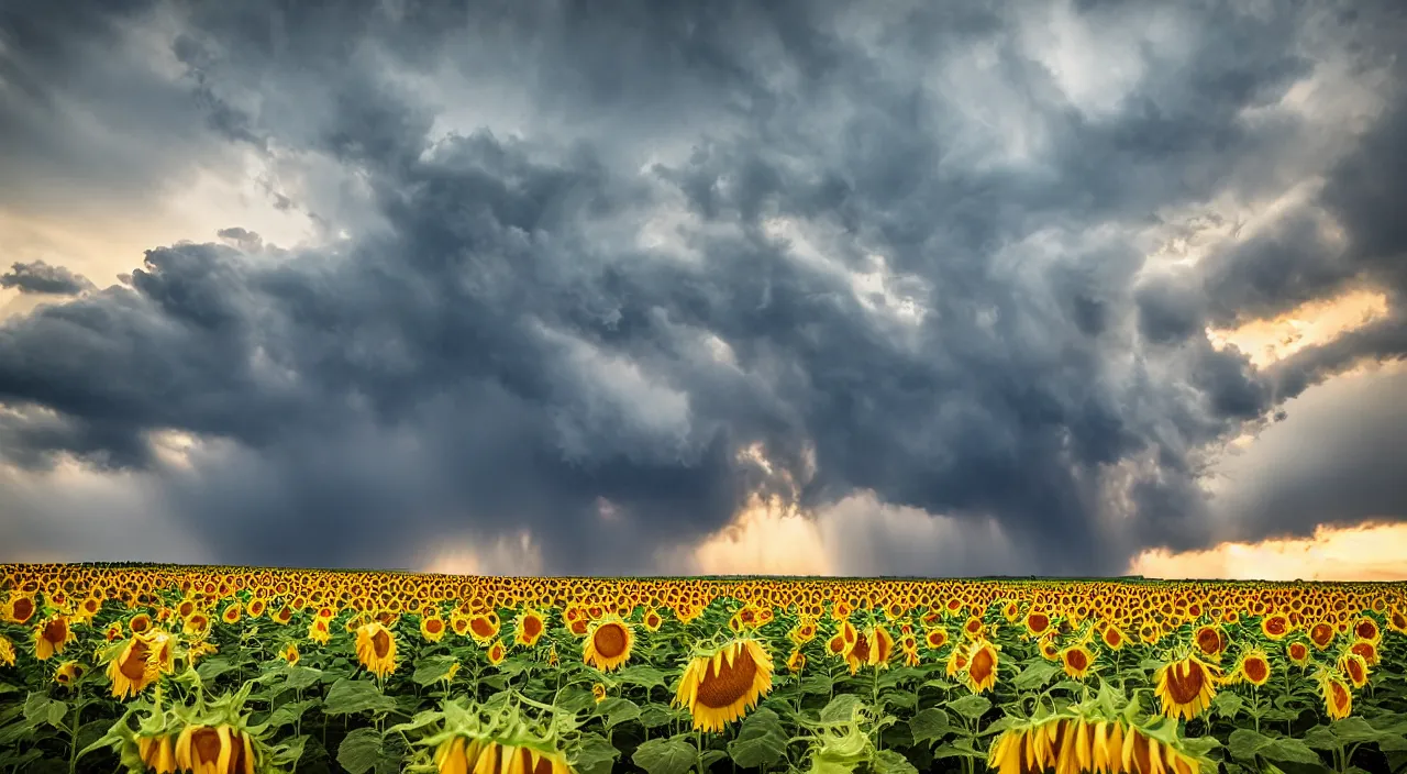 Prompt: tornado destroying a field of sunflowers, golden hour, 8k, university of oklahoma, weather photography