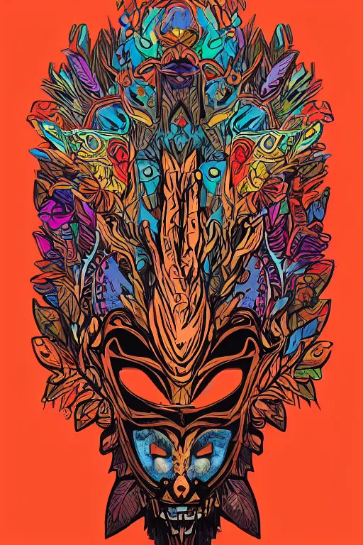 Image similar to animal mask totem roots flower tribal feather gemstone plant wood rock shaman vodoo video game vector cutout illustration vivid multicolor borderlands comics by josan gonzales and dan mumford radiating a glowing aura