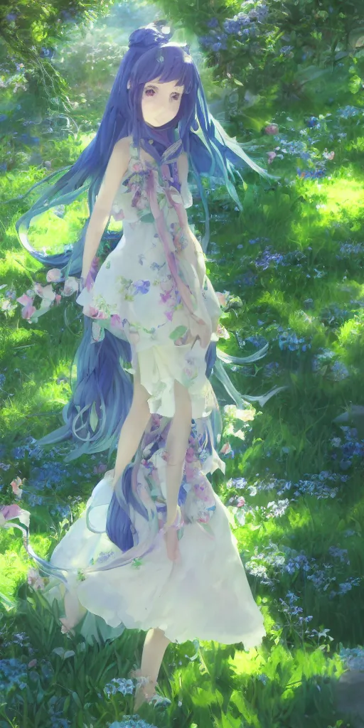 Image similar to a digital art of a loli with long hair in a dress in the privet garden at after noon, green and warm theme, blue flowers accents, back lighting, by krenz cushart and akihito yoshida and greg rutkowski and makoto shinkai, highly detailed, 4 k resolution, trending on art station