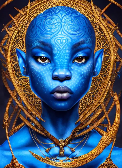 Image similar to : blue avatar, fantasy magic,, intricate, sharp focus, illustration, highly detailed, digital painting, concept art, jahbu art and paul lewin and kehinde wiley, masterpiece