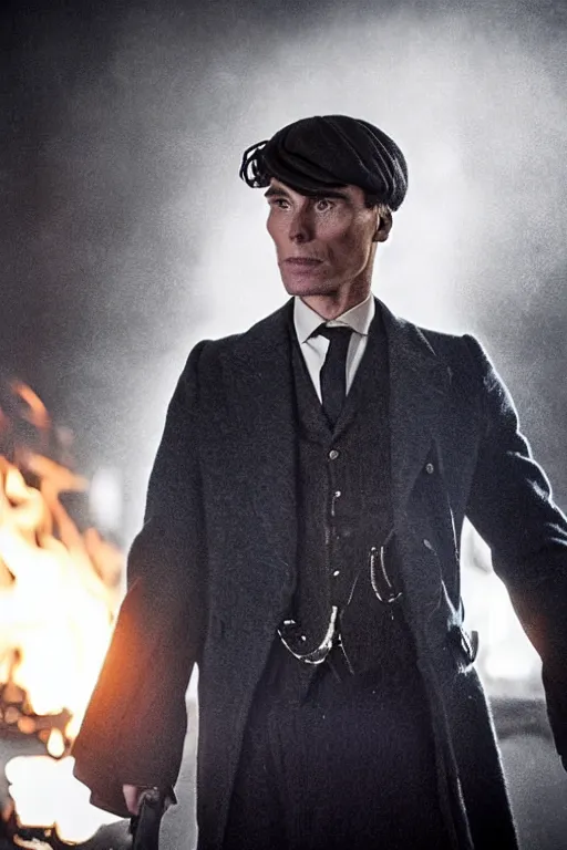 Prompt: Full-body portrait of Cillian Murphy in Peaky Blinders standing, fire in the background, dramatic, gloomy, dark, bleak, cheerless, desolate, impressive, tragic, cinematic, dull colours, dark colour scheme, atmospheric, high quality, bad vibrations, realistic