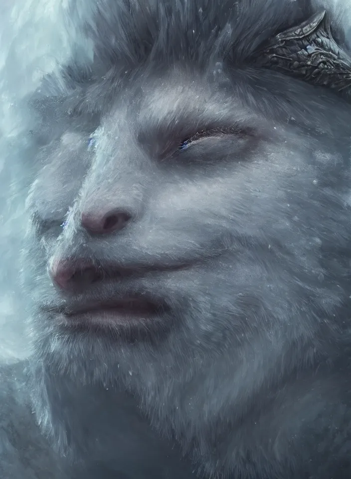 Image similar to a face portrait of a furry ice troll from skyrim, fantasy setting, beautiful face, serene colors, soft lighting, atmospheric, cinematic, moody, in the style of diego koi, gina heyer, luiz escanuela, art by alyssa monk, hyperrealism, rule of thirds, golden ratio, oil on canvas, 8 k