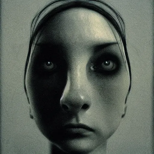 Image similar to woman face staring, portrait, flash photograph, fisheye, by Zdzislaw Beksinski