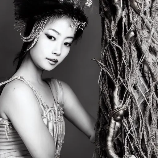 Image similar to portrait of asian princess bird sitting on the tree brunch, fashion photography, dress with feathers, jewellery, beautiful face, elegant, stylish, cool, deep gaze, emotionally touching, tenderness, high quality, photo realistic, work in the style of annie leibowitz