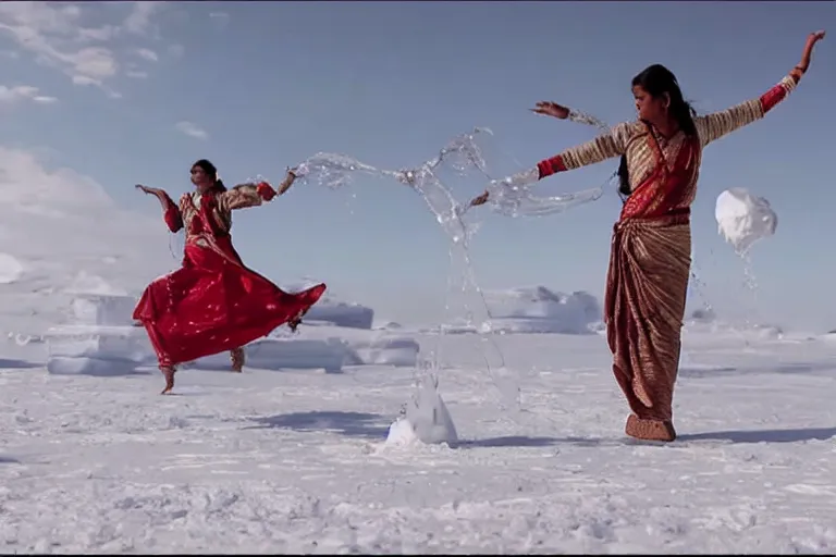 Prompt: VFX movie of a Indian woman dancing with magic flowing antigravity water in an Eskimo village by Emmanuel Lubezki