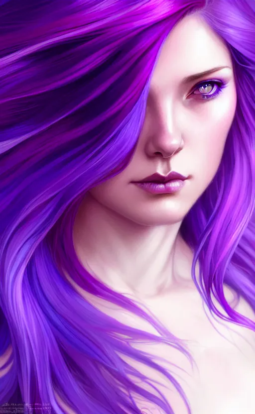 Image similar to Purple hair relistic Portrait of a woman with bright colored flying hair, all shades of purple. Hair coloring, long hair, blue eyes, fantasy, intricate, elegant, highly detailed, digital painting, artstation, concept art, smooth, sharp focus, illustration, art by artgerm and greg rutkowski and alphonse mucha