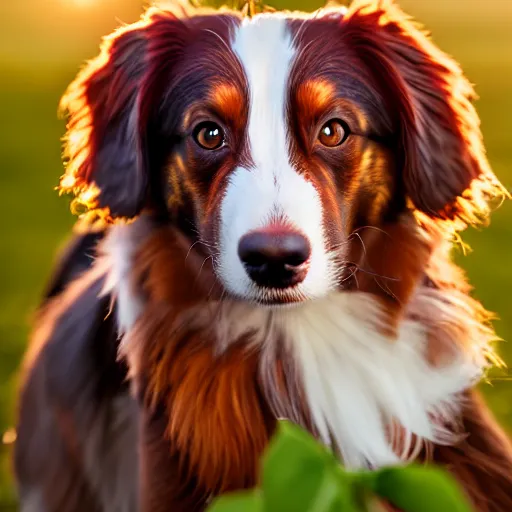 Image similar to red tri australian shepard. golden hour light photograph, hi gloss perfect lighting, 4 k, octane render, 5 0 mp cannon 8 0 mm.