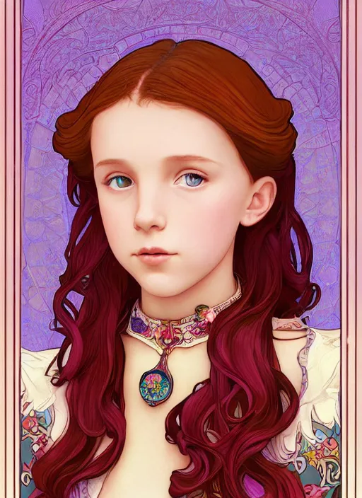 Prompt: well - lit art nouveau portrait of a 1 3 - year old girl who resembles millie bobby brown with red hair as a princess with intricate, ornate jewelry, natural lighting, path traced, highly detailed, high quality, cartoon, digital painting, by don bluth and ross tran and studio ghibli and alphonse mucha