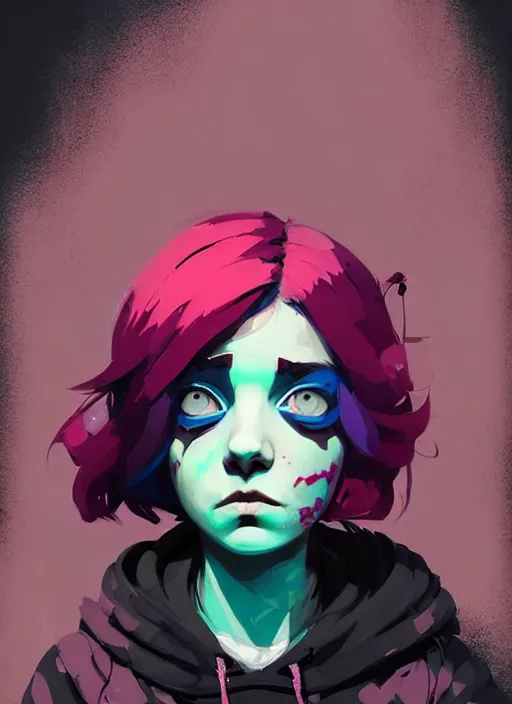 Prompt: highly detailed portrait of a sewer punk lady student, blue eyes, tartan hoody, magenta hair by atey ghailan, by greg rutkowski, by greg tocchini, by james gilleard, by joe fenton, by kaethe butcher, gradient green, black, brown and magenta color scheme, grunge aesthetic!!! ( ( graffiti tag wall background ) )