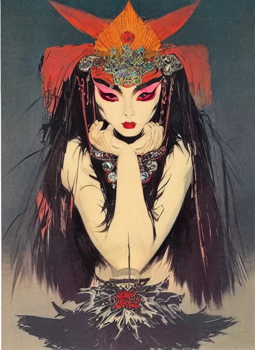 Image similar to svelt female korean vampiress, jeweled headdress, heavy mascara, strong line, saturated color, beautiful! coherent! by frank frazetta, high contrast, minimalism