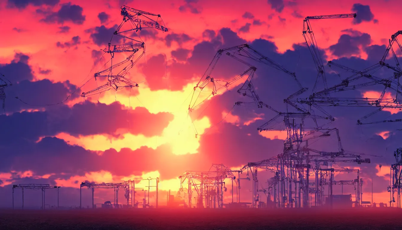 Image similar to huge machine cranes , queues of cars surrounded by barb wire fences, feedback loop , burst of powders ,volumetric lighting, twisting vapour, bellowing dust , emerging seascape and beautiful sunset , full colour , upscale , 4k