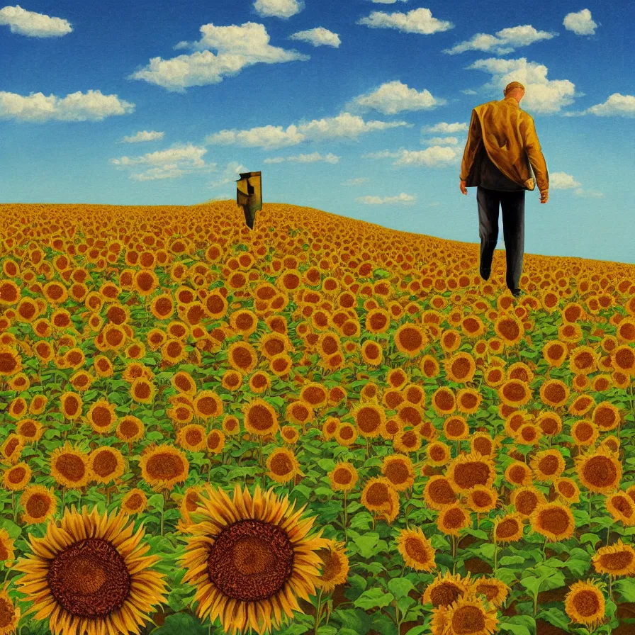 Image similar to Artwork illustrating sentient walking sunflowers walking deserted farm fields in a surrealist style.