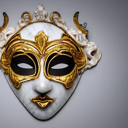Image similar to photography of a venetian woman mask sculpted in white opalescent marble, with lots of thin golden ornaments, fusing with a luminous background, fractal art, intricate, 8 k, white box, cinematic light, high aperture