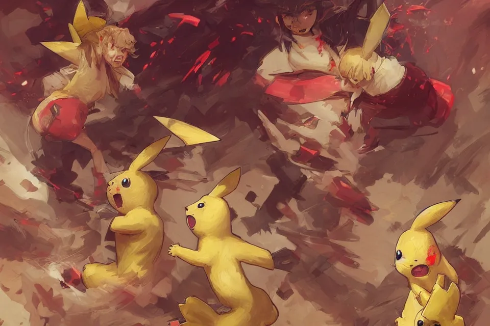 Image similar to bloody battle between two pikachu, highly detailed, digital painting, artstation, concept art, smooth, sharp, focus, illustration, art by artgerm and greg rutkowski and alphonse mucha