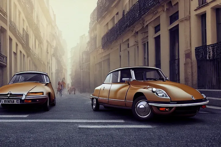Prompt: a wholesome beautiful animation key shot of!! one!! focused!! 1 9 7 4 citroen ds!! in a paris street, medium wide shot, sharp, very detailed, high resolution, rendered in unreal engine 5, anime key art by greg rutkowski, bloom, dramatic lighting