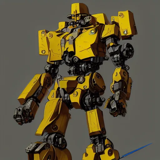 Prompt: yellow mecha with horizontal disc head and big sword and shield, spotlight in middle of face, Keetongu Bionicle, by Greg Rutkowski