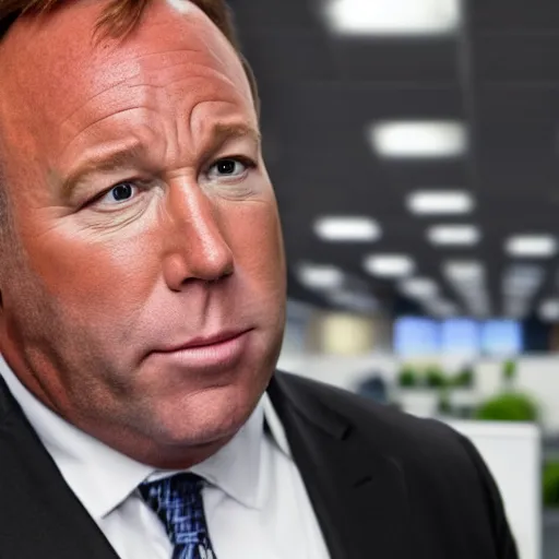 Prompt: alex jones inside an american office under fluorescent lights