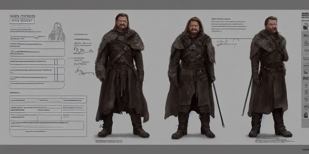 Prompt: ned stark, character sheet, concept design, contrast, hot toys, kim jung gi, greg rutkowski, zabrocki, karlkka, jayison devadas, trending on artstation, 8 k, ultra wide angle, pincushion lens effect