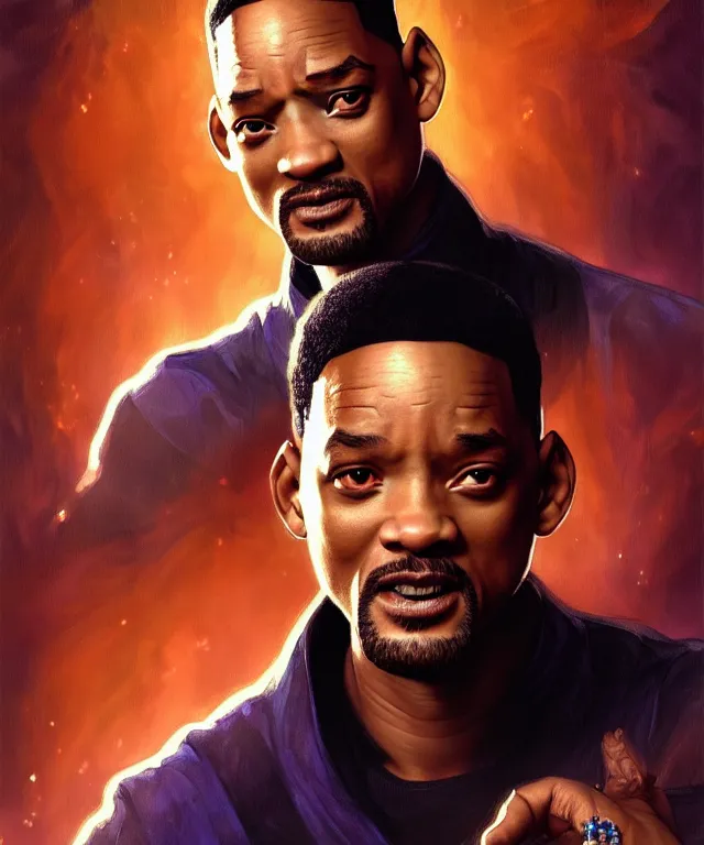 Prompt: Will Smith as a fantasy magic man portrait, sci-fi, amber eyes, face, fantasy, intricate, elegant, highly detailed, digital painting, artstation, concept art, smooth, sharp focus, illustration, art by artgerm and greg rutkowski and alphonse mucha