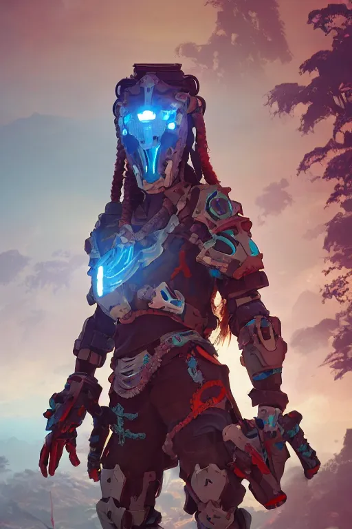 Image similar to combination suit armor aloy horizon forbidden west horizon zero dawn robot ninja mask helmet backpack tribal, aesthetic octane render, 8 k hd resolution, by ilya kuvshinov and cushart krentz and gilleard james radiating a glowing aura cgi rtx 2 0 2 2