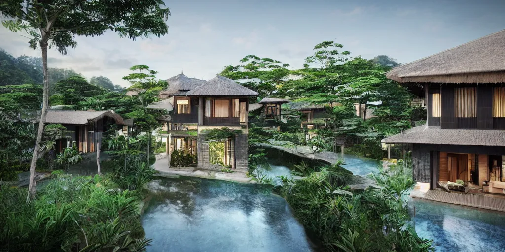 Prompt: 3d rendering of beautiful nature meets architecture concept of a residential house. balinese architecture by Kengo Kuma, volumetric lighting, luxury, high detail, 14mm, cinematic photography, cg architects, high resolution