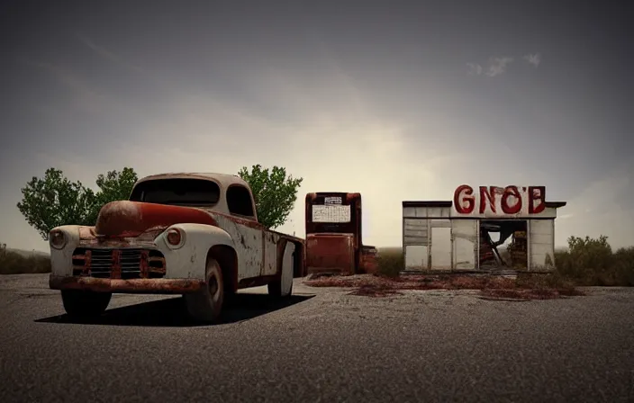 Image similar to A landscape with historical route66 with abandoned gas station and a single old rusty pickup-truck. the summer light dimly illuminates, diffuse light, octane render, lots of sparkling details and sun ray’s, blinding backlight, smoke, volumetric lighting, 35 mm, beautiful reflections, heavenly, softlight