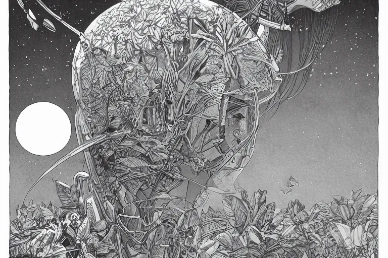 Image similar to gigantic robot - girl head floating in the space, a lot of exotic plants, trees, flowers, oldschool vintage sci - fi flat surreal grainy design, super - detailed, drawing by moebius, hd, 4 k, high quality