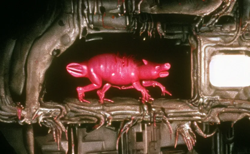 Image similar to peppa the pig infected by xenomorph from movie alien 1 9 7 9, staying at nostromo spaceship. extreme long shot, cinestill, giger, hermann nitsch, dark colors