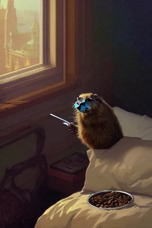 Image similar to groundhog smoking pot lies on the bed, realistic portrait, highly detailed, digital painting, artstation, concept art, smooth, sharp focus, illustration, cinematic lighting, art by artgerm and greg rutkowski and alphonse mucha