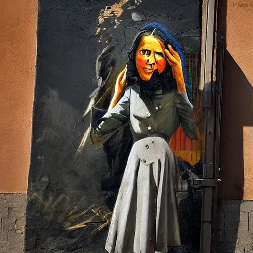 Image similar to This street art was painted in 1937 during the Guerra Civil Española. The woman in the street art is weeping. She is wearing a black dress and a black veil. Her face is distorted by grief. The street art is dark and somber. dutch golden age, Baroque by Marc Simonetti playful