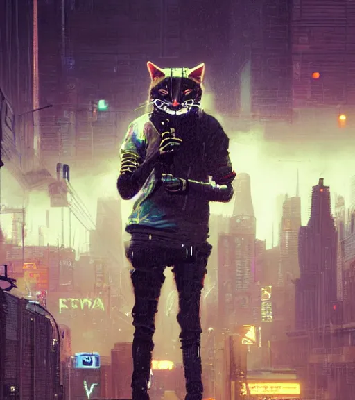 Image similar to new york city portrait of furry anthro anthropomorphic cat head animal person fursona wearing clothes strange cybernetic muzzle gloomy rainy screenshot from the video game cyberpunk 2077 digital art by Greg Rutkowski, Simon Stalenhag, christopher nolan trending on Artstation, CGSociety