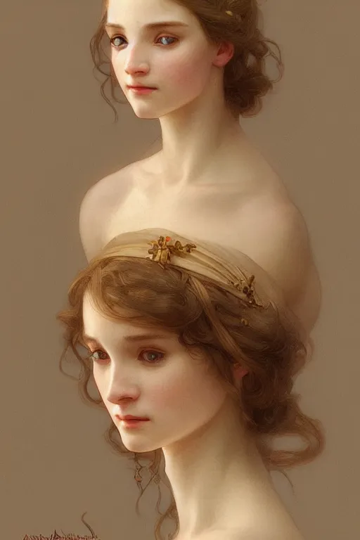 Image similar to Portrait of beautiful pale peasant girl, cinematic lighting, intricate, elegant, highly detailed, digital painting, artstation, smooth, sharp focus, illustration, art by artgerm and greg rutkowski and alphonse mucha and Wayne Barlowe and william-adolphe bouguereau