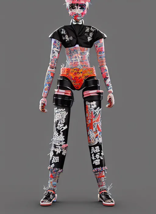 Image similar to full body photo of a punk geisha robot with kanji tattoos and decals wearing a digital pixelated kimono, intricate design, photo - realistic, octane render, ultra fine detailed, character design, trending on artstation