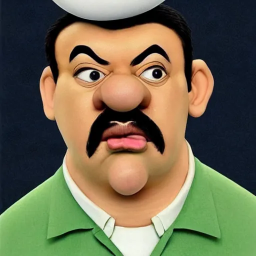 Image similar to beautifully rendered masterpiece, portrait, caricature, claymation, luis guzman as luigi making absurd silly looking faces,