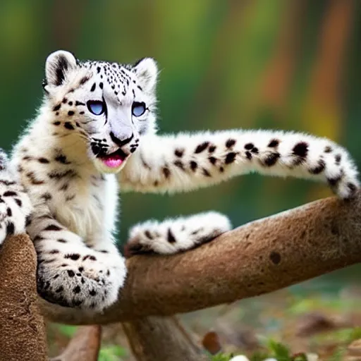 Image similar to very very very very very very cute chibi baby snow leopard playing, portrait, stunning eyes, swatting at air, pixar style, forest background, cinematic lighting, award winning creature portrait photography