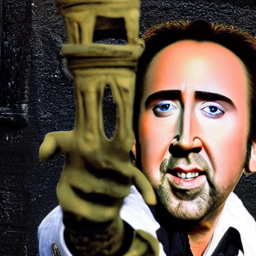 Image similar to Photo Nicolas Cage holding another Nicolas Cage that paint himself on a wall.
