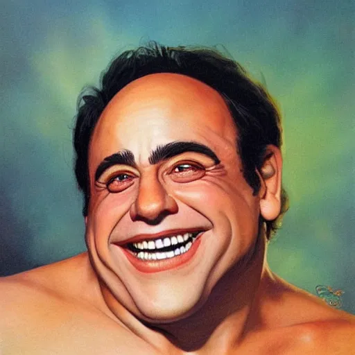 Image similar to portrait of the face of danny devito smiling sly intricate detailed by boris vallejo