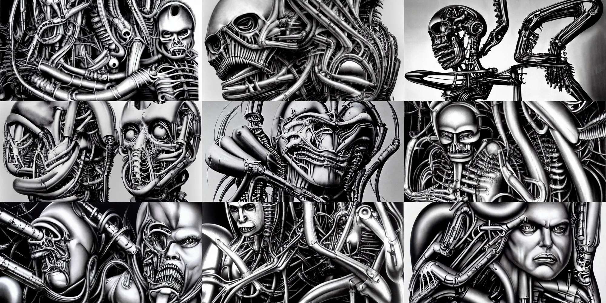 Prompt: hans ruedi giger was a swiss artist best known for his airbrushed images that blended human physiques with machines, an art style known as biomechanical.