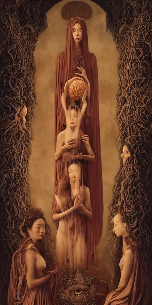 Image similar to the three fates, gemma chen, madison beer, angela sarafyan, pinup, intricate beautiful faces, surrealistic painting by agostino arrivabene, vanessa beecroft, anka zhuravleva, mary jane ansell, peter mohbacher, gerald brom